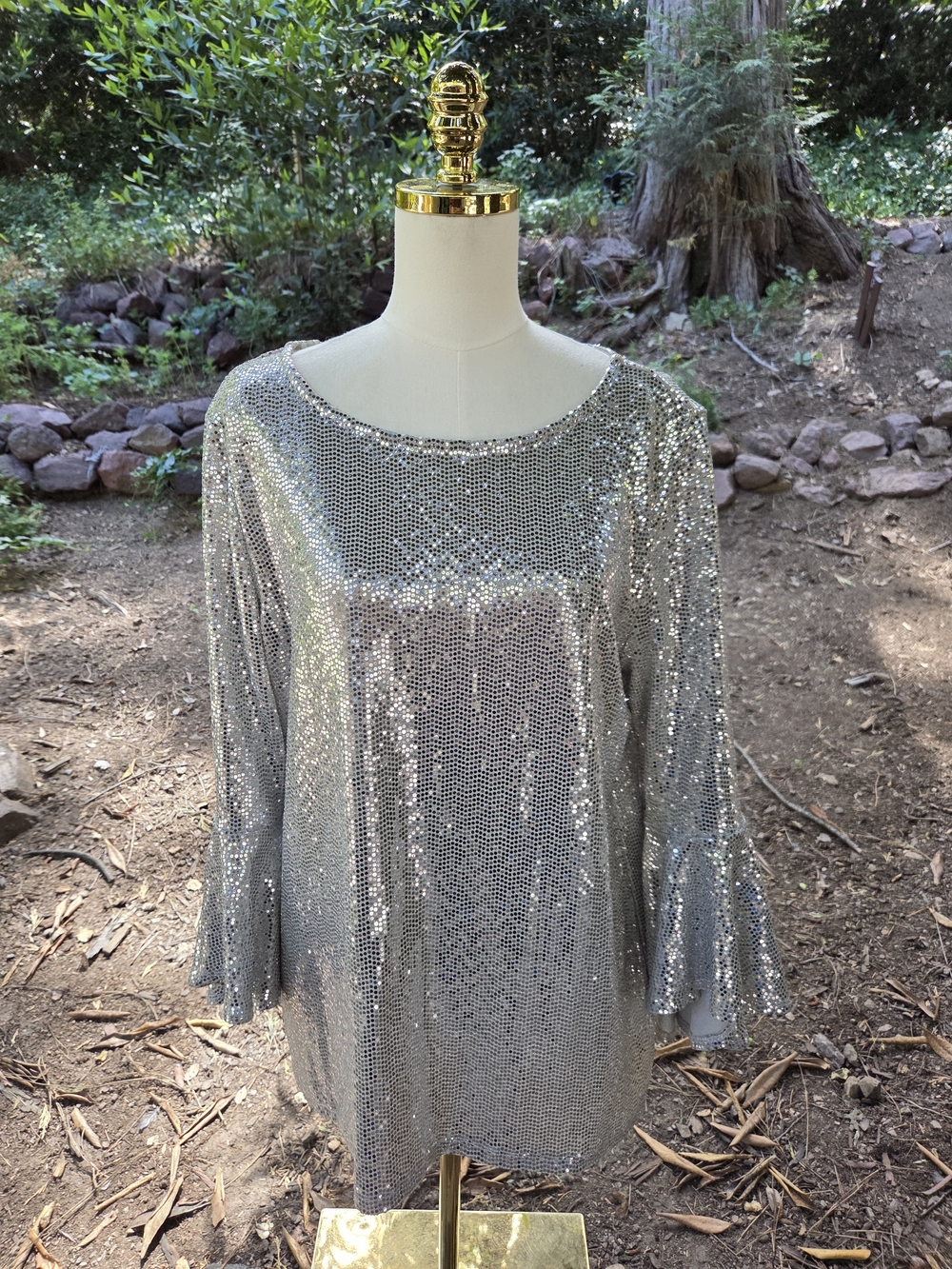 Prelude‎ Silver Sequin Retro Bell-Sleeve Women's Top Size XL